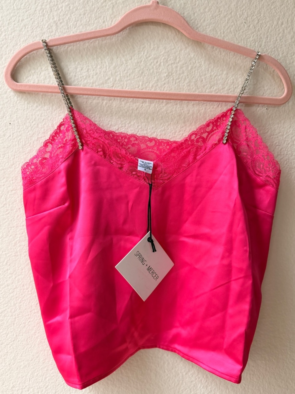 Y2K Rhinestone Strap Hot Pink Satin Cami Top Lace Trim Birthday Barbiecore S‎